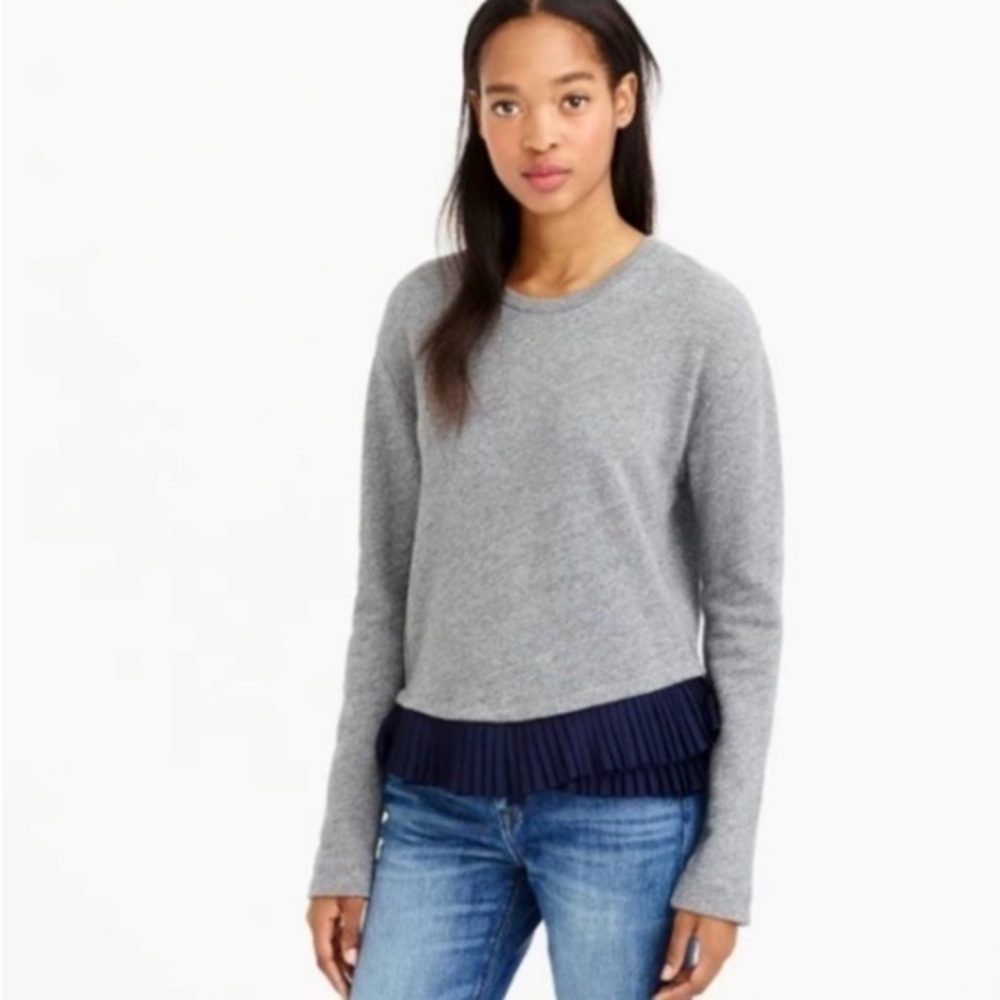 J. Crew Heather Gray Knit Sweater With Navy Ruffle Frill Hem